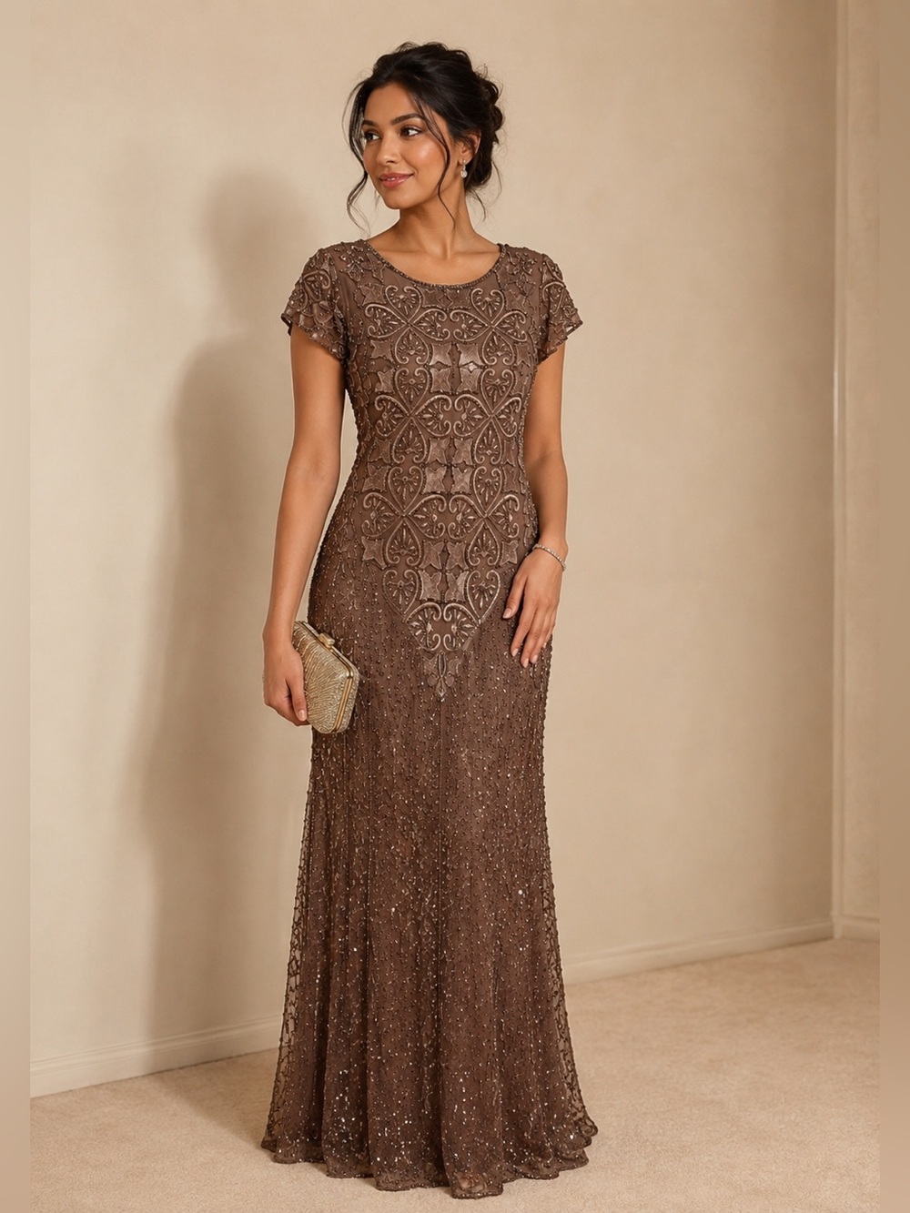 Women's Embellished Brown Evening Dress